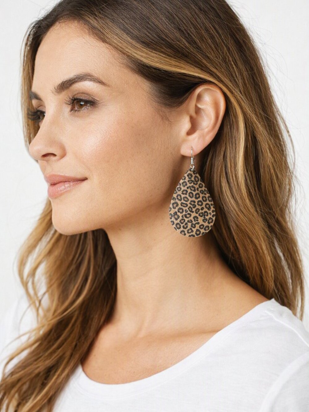 Leopard Print Teardrop Earrings Faux Leather Tan/Black 2 1/2" Drop New